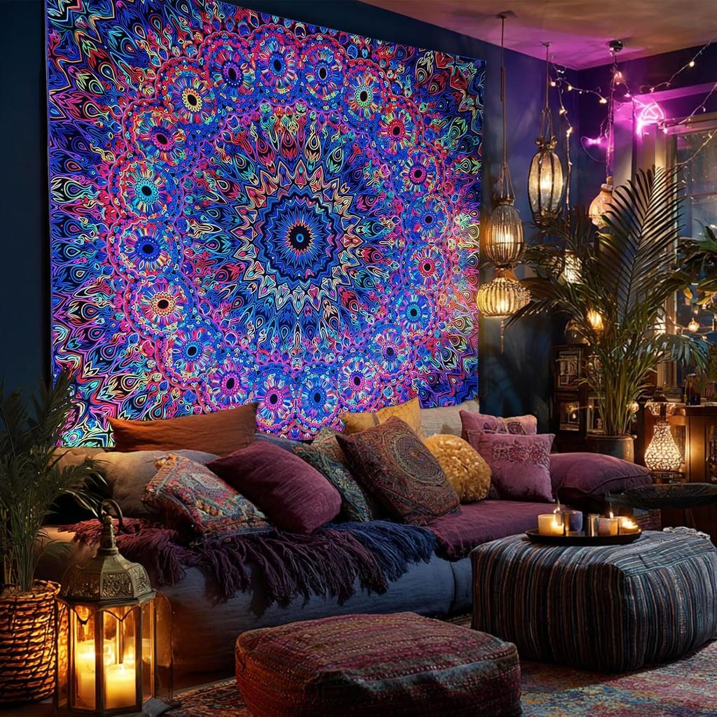 PRRPRR Blacklight Mandala Tapestry for Bedroom, UV Reactive Trippy Wall Tapestry, Bohemian Aesthetic Wall Art Decor for Adults Teens and