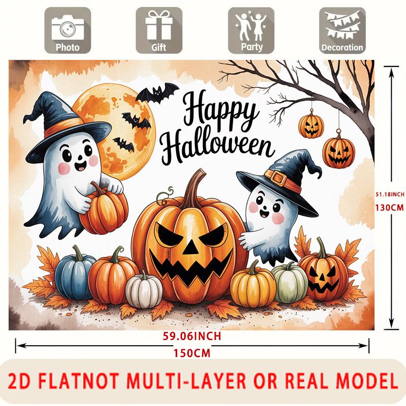 Party Backdrop Halloween Flat Spanish Language Holiday Cute Ghosts Pumpkins Hanging Celebration Photo Booth Front Door Decor