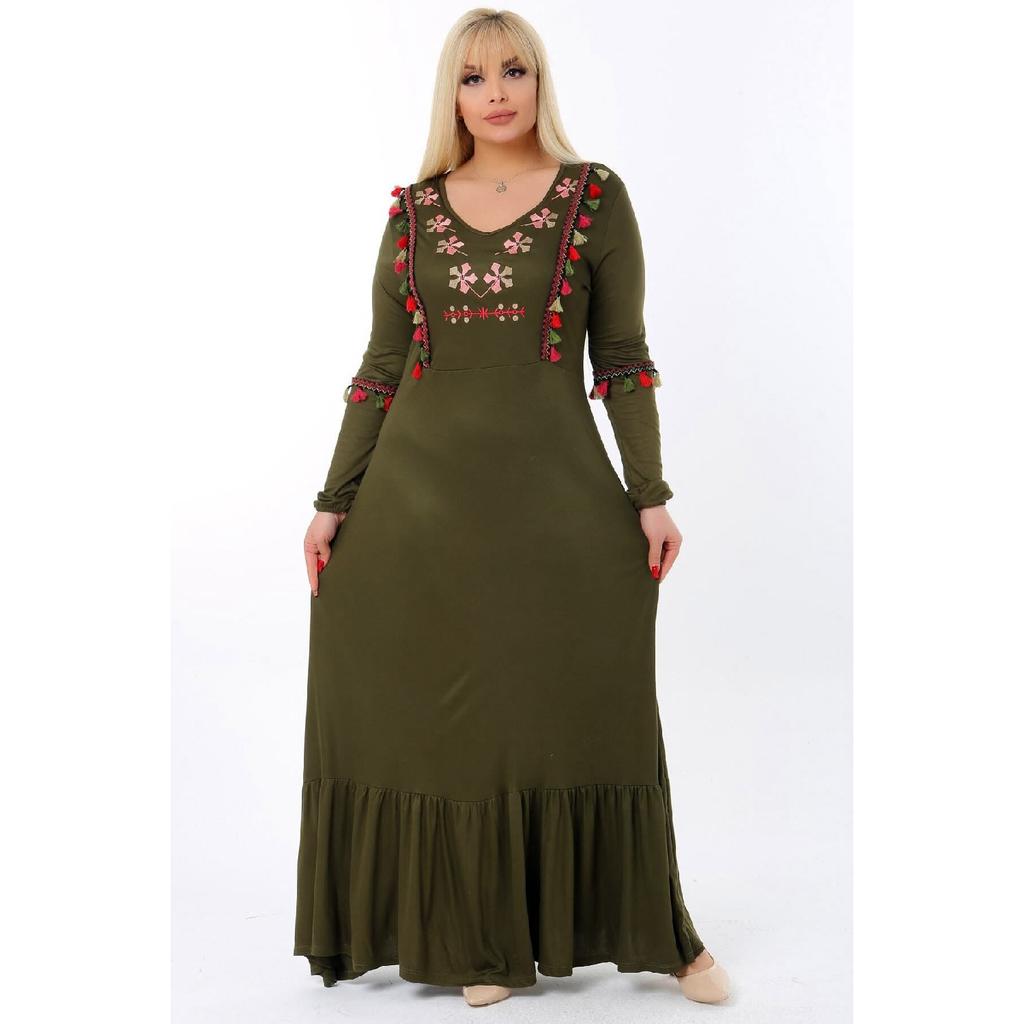 Embroidered V -neck Tassel Skirt With Frilly Long Arm Full Size Dress