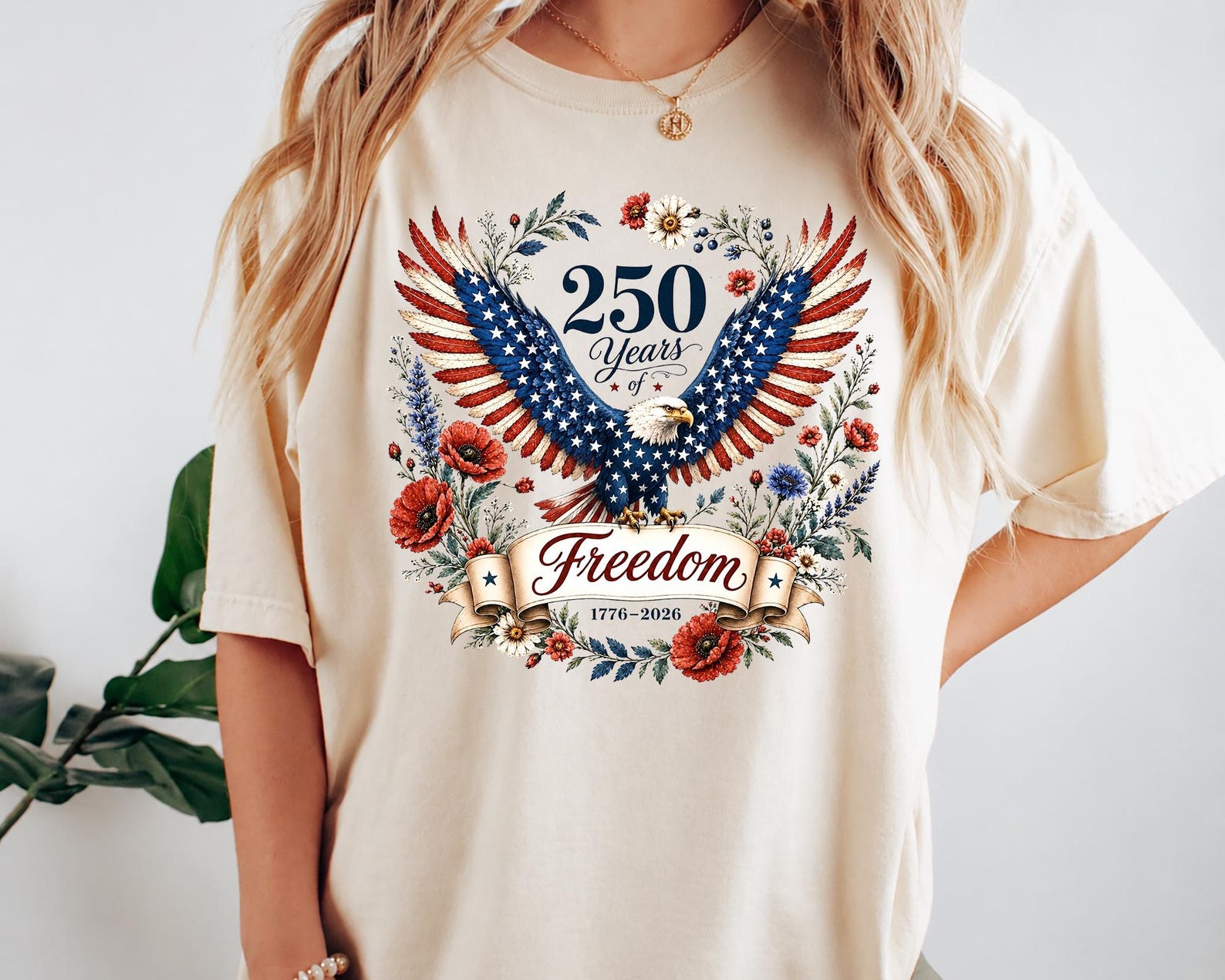 250 Years of Freedom Shirt, America 250th Anniversary Tee, Patriotic Eagle Floral Graphic, America 1776-2026 Independence Day Gift L