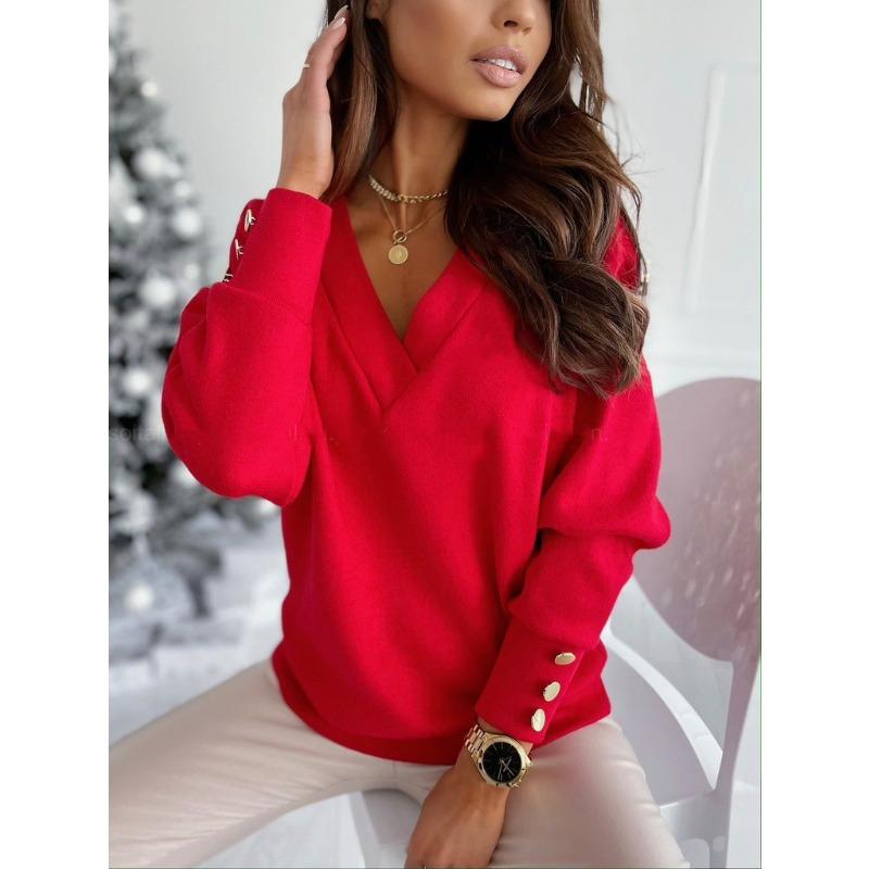 Fashion Knitted Women's Pure Soft Long-sleeved Knitted Women's Tops V-neck Pullover Office Women's Button Loose Casual Pullover Tops