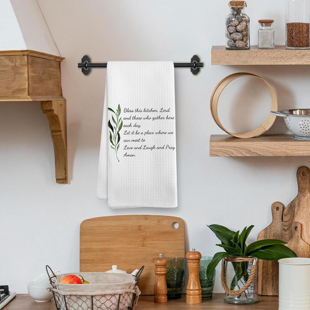 Christian Rustic Bless This Kitchen Towels, Farmhouse Religious Christian Prayer Room Home Decor, Prayer Sage Dish Hand Tea Towels for Kitchen,