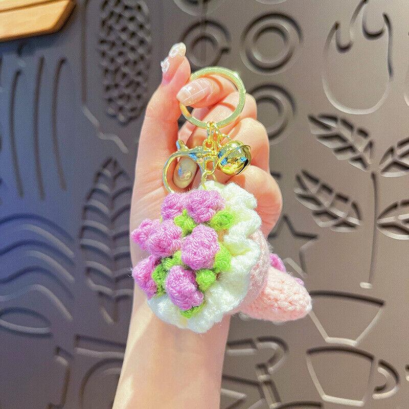 Finished Crochet Yarn Bouquet Keychain Accessories Knitted Rose Sunflower Mini Handheld Flower Doll Accessories Pendant