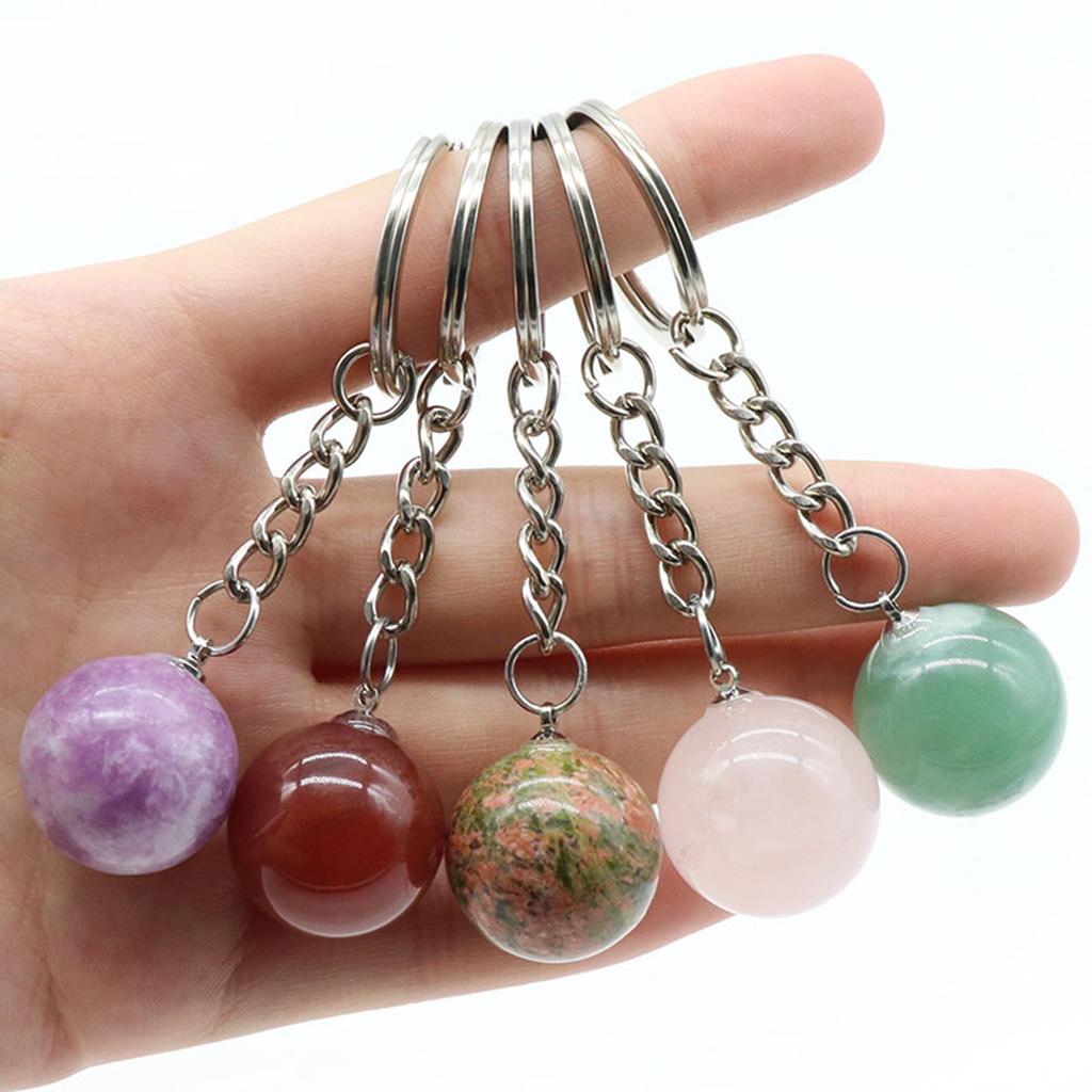 1pc Natural Crystal Stone Keychain Pendant Agate Ball Crystal KeyChain Handbag Decor Motorcycle Keychains Key Ring Holder KTJ