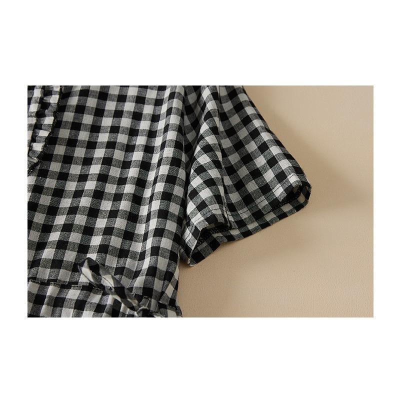 Cămașă de vară din bumbac cânepă artă retro largă cu cravată în talie, rochie de lungime medie pentru femei