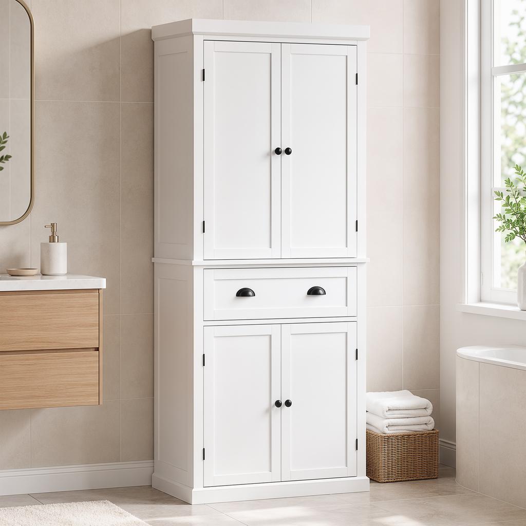 Tall Kitchen Cupboard, 183 Cm Freestanding Storage Cabinet with Drawer, 4 Doors and Adjustable Shelves, White