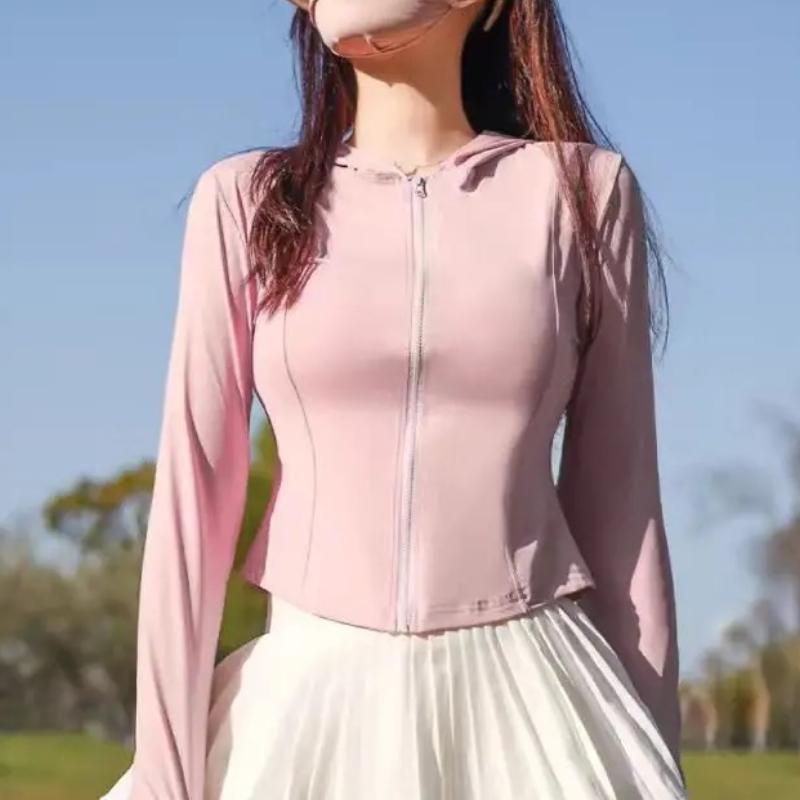 

New Slim Sunscreen Clothing Women Summer Anti Ultraviolet Ultra Thin Ice Silk Coat Breathable Yoga Sun Protective Tops L рожевий