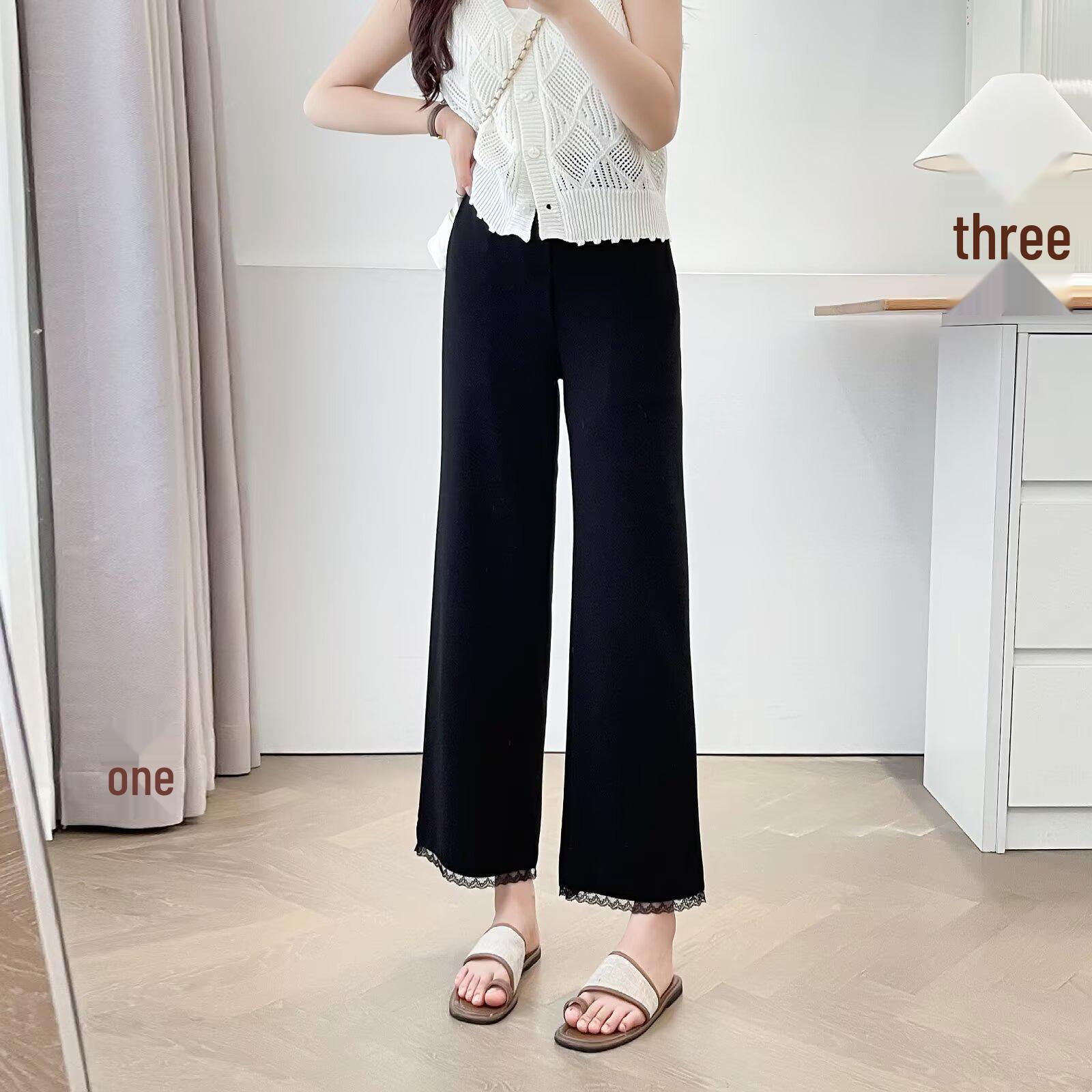 

2025 Plus Size High Waist Black Cropped Pants with Lace Cuffs - Casual Slimming Fit 4XL чёрный