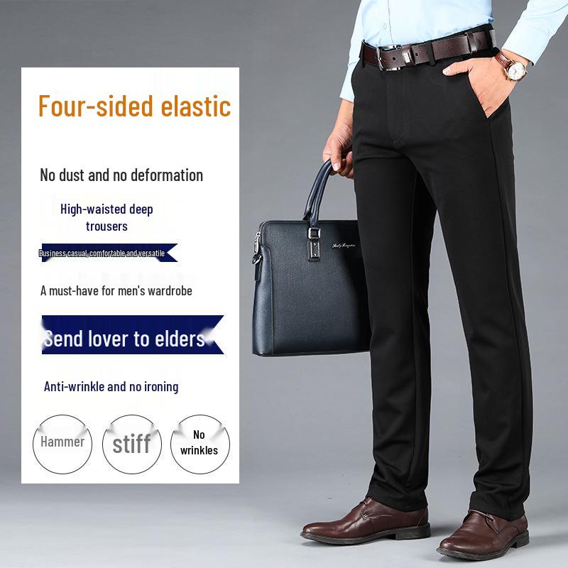 Pánské podzimní/zimní kalhoty s vysokým pasem, elastické, s rovnými nohavicemi, volné, ležérní - nežehlivé, styl středního věku