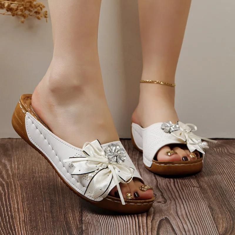 Female Shoes On Sale 2025 Open Toe Women's Slippers Outdoor Casual Slippers Women Bow Tie Floral Plus Size Wedges Ladies Sandals