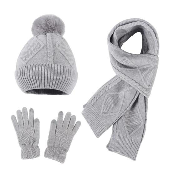 3Pcs/Set Women Winter Hat Scarf Gloves Set Plush Ball Decor Rhombus Texture Knitting Hat