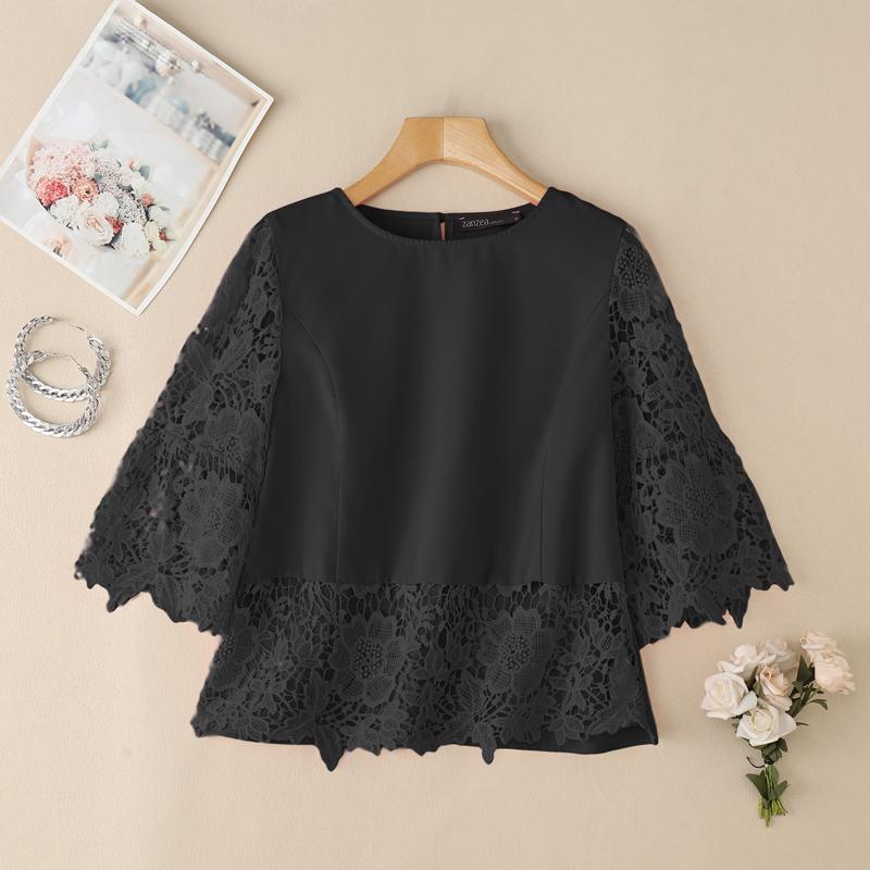 

ZANZEA Женская повседневная блузка с кружевной вставкой крючком, рукав 3/4, свободного кроя 3XL чёрный