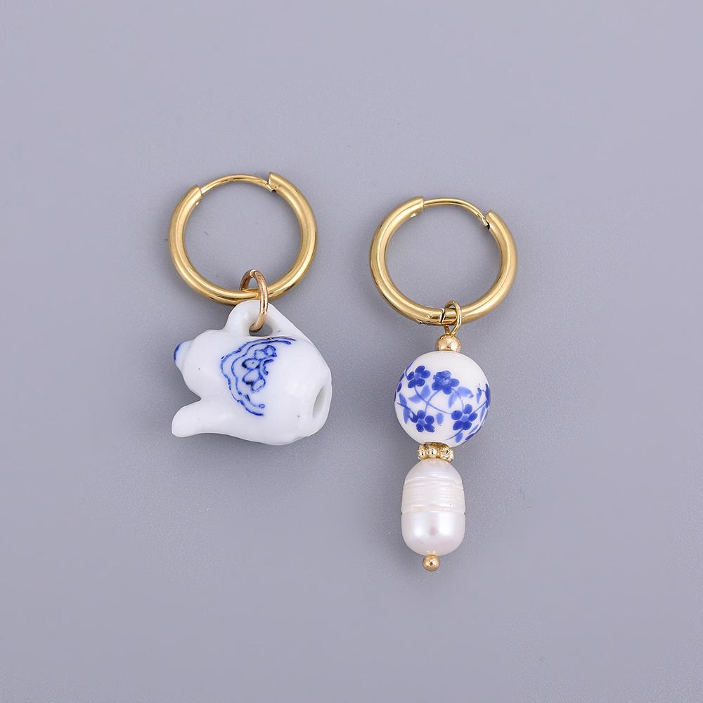 Vintage Geometrisch Natursteine Ethnisch Chinesischer Stil Blaue Blume Keramik Herz Perlen Edelstahl Runde Creolen