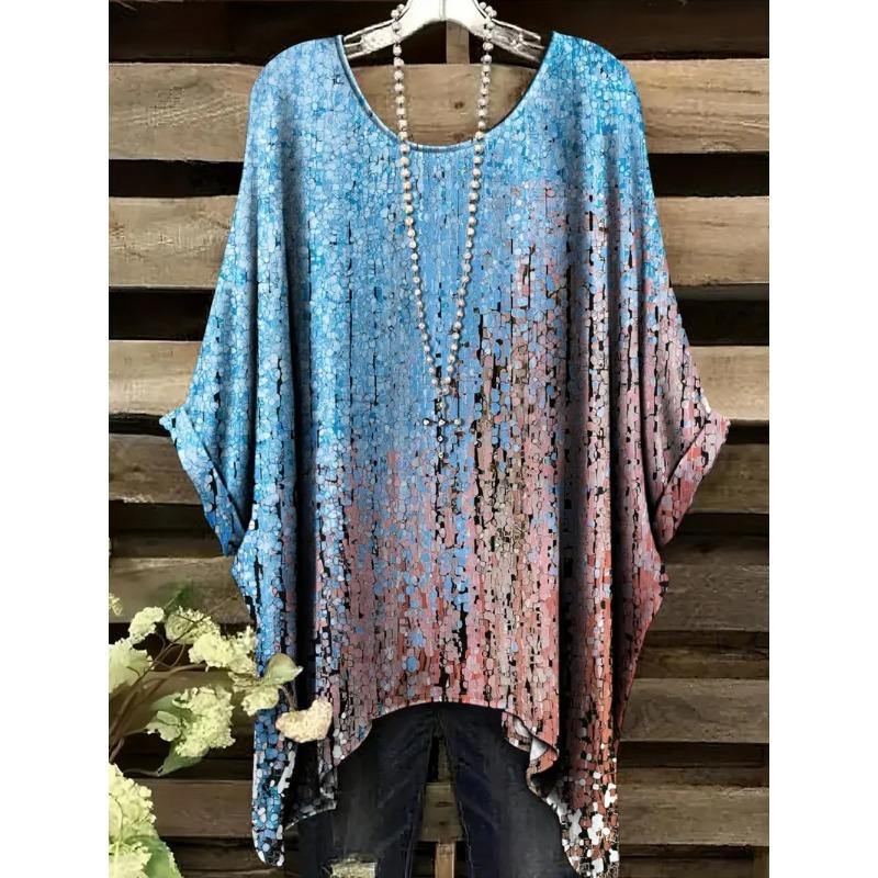 Damskie T-shirty Letnie Gradientowe Sequin Graficzne Topy Dekolt O-neck Damska Odzież Vintage Kwiatowy Nadruk Koszulki Luźne Oversize