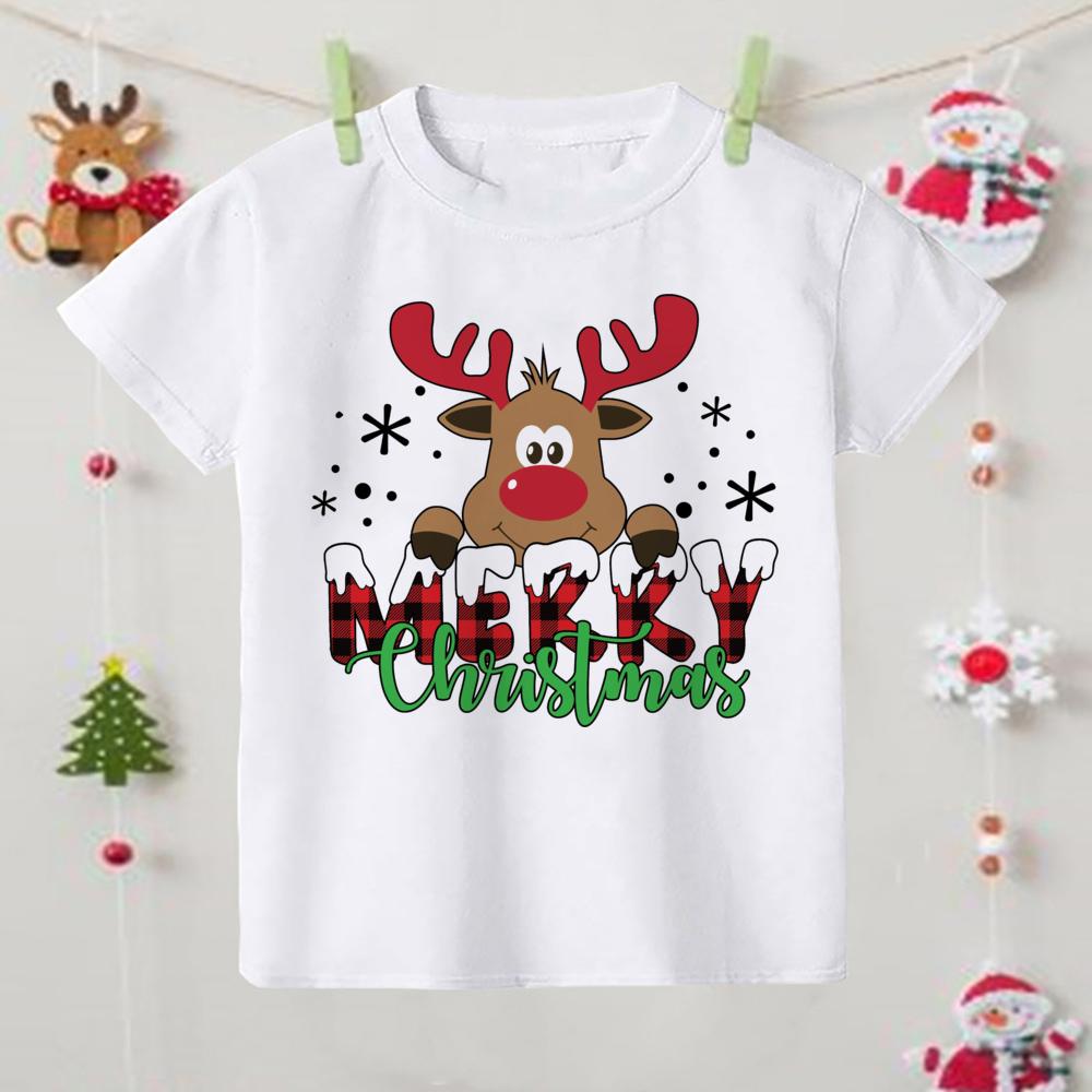 

Счастливого Рождества Футболка с принтом лося Детская Рождественская футболка Детская одежда Топы Мальчик Девочка Наряд для рождественской вечеринки Детские праздничные подарки 130