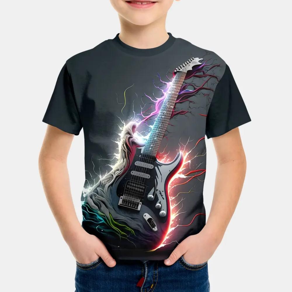 2025 Kids Clothes Cartoon Guitar Printed Short Sleeve T-Shirt Summer Outdoor Casual Crew Neck Tee Children's Clothing T-Shirts