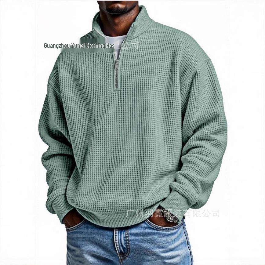 Men's European Style Waffle Knit High Collar Half-Zip Hoodie