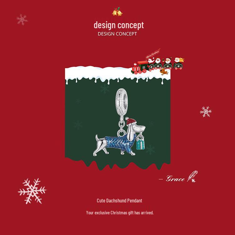 Handmade S925 Sterling Silver Dachshund Christmas Pendant with White Gold Plating - Creative DIY Jewelry Accessory