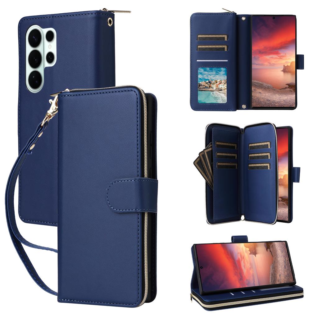 For Samsung Galaxy S26 Ultra Case 9 Card Slots Zipper Pocket PU Leather Phone Cover with Wrist Strap