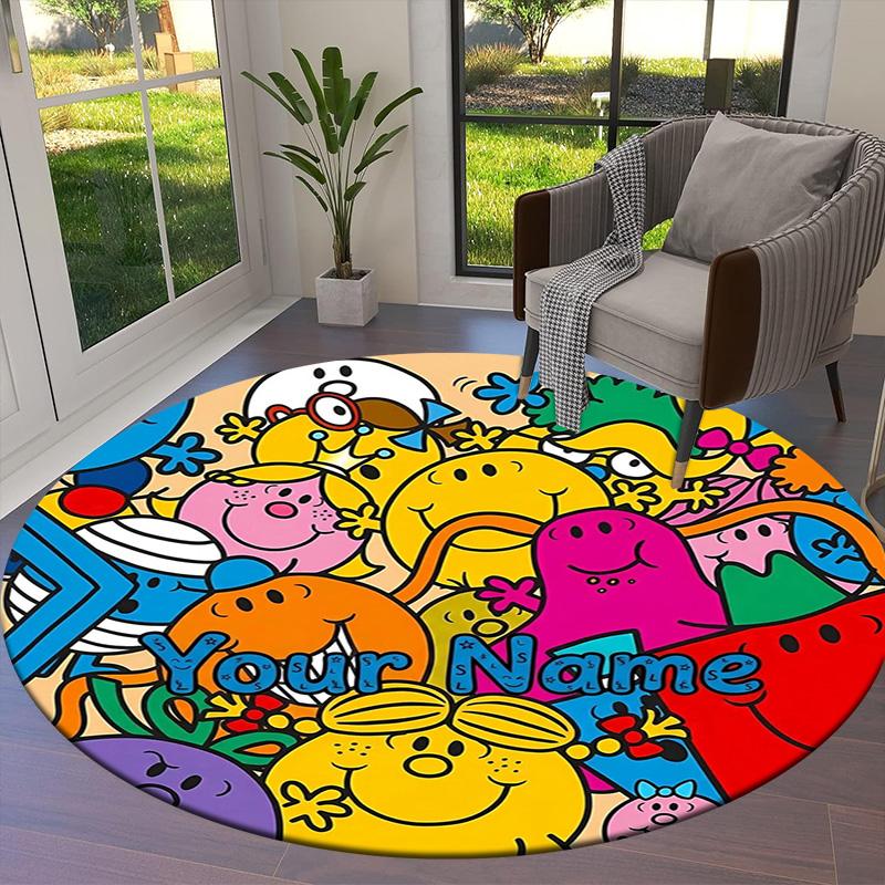 Mr Men Adventure Custom Name Round Area Rug Carpet Rug For Living Room Bedroom Sofa Playroom Decor Nonslip Floor Mat