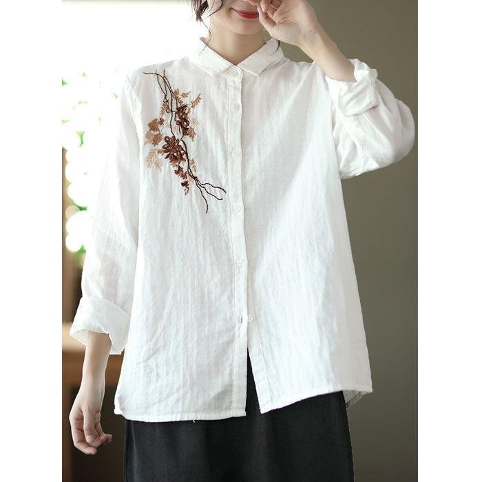 Spring and Autumn New Cotton and Linen Top Simple Literary Women's Long Sleeve Shirt Loose Versatile Flower Embroidered Shirt