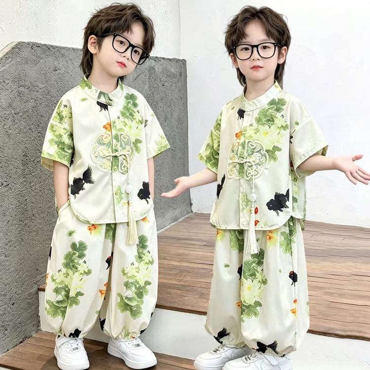 Boys Summer Chinese Style Crane Hanfu Set - Short Sleeve Tang Suit 110cm