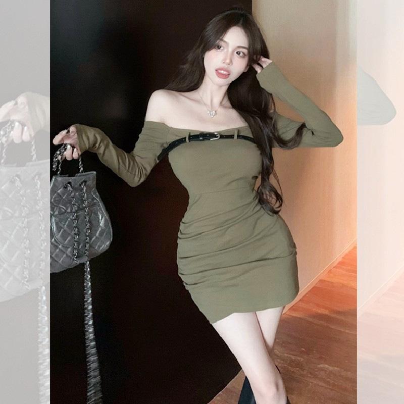 Pure Desire Sexy One-word Shoulder Tube Top Long-sleeved Dress for Women, Qiu Maillard Wears a Hot Girl Tight Little Mom Hip Wrap Skirt