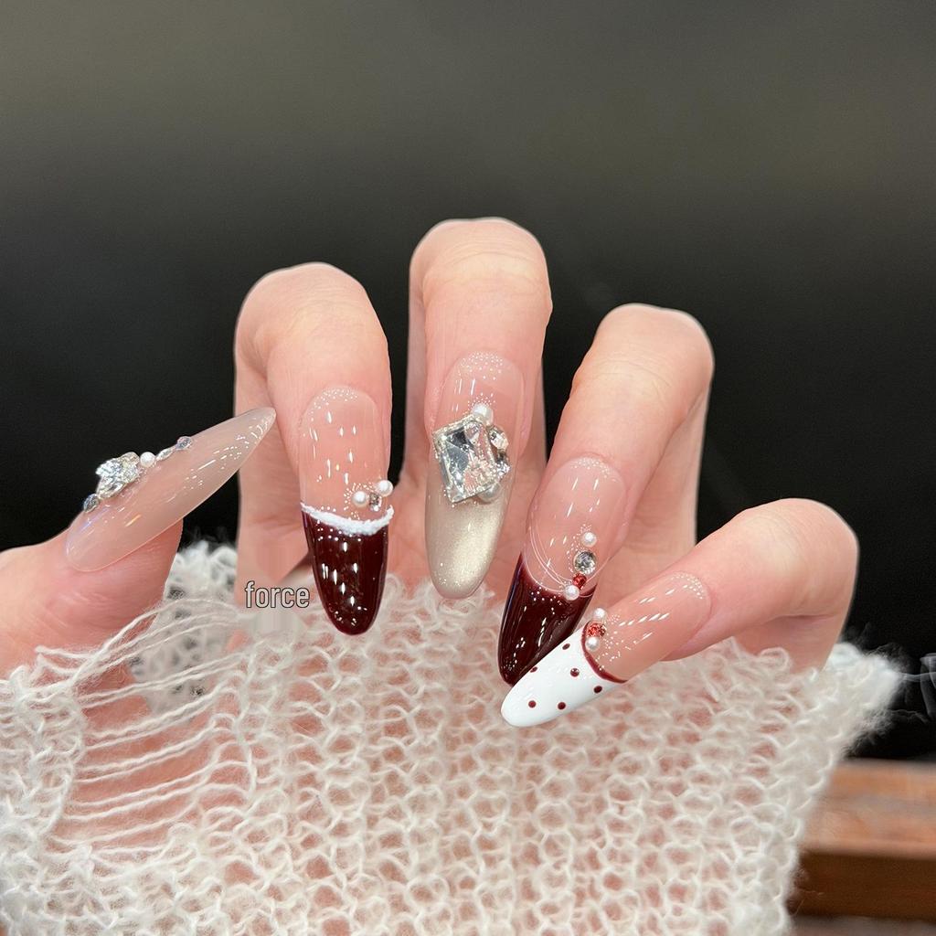 Cat Liqueur Chocolate Crisp Christmas New Year Blush French Glass Bead Diamond Handmade Wearable Nails