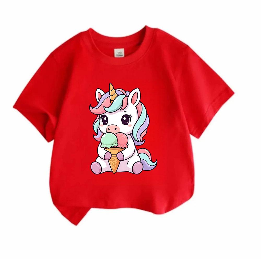Kids Boys Girls Crew Neck Short Sleeve 100% Cotton T-Shirt, Cute Cartoon Unicorn Eating Ice Cream Pattern Casual Soft Breathable Tee Tops for Children