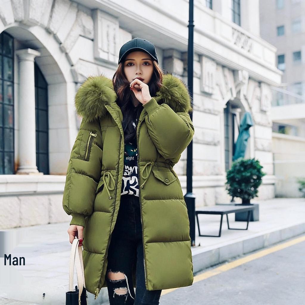 Women's Mid-Length Puffer Jacket with Large Fur Collar, 2025 Korean Style, Thickened Cotton Winter Coat, In Stock.