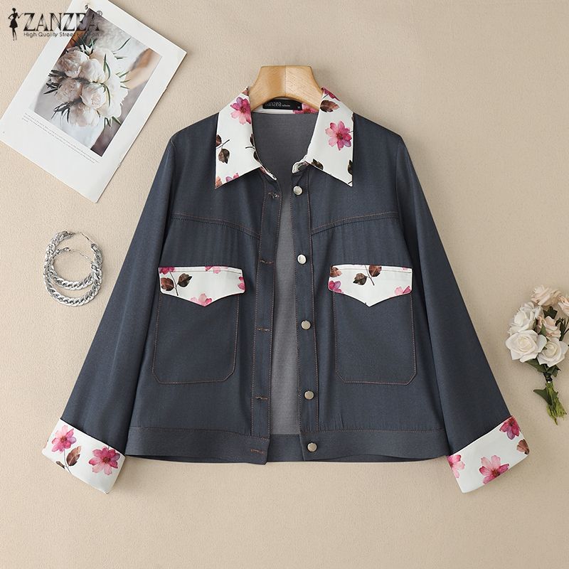 ZANZEA Women Floral Splice Turn Down Collar Long Sleeve Casual Blouse