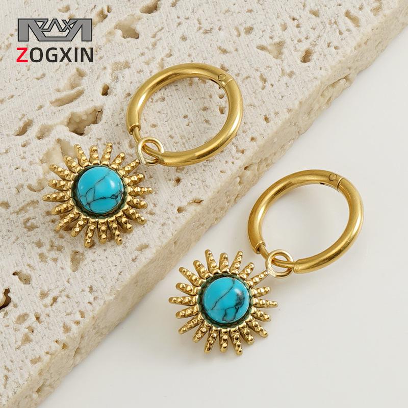 

Retro Blue Turquoise Stainless Steel Earrings with Titanium Design золотой