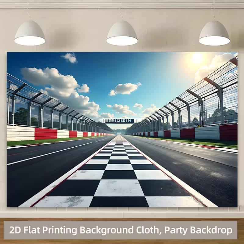 2D Pozadí Závodní Dráhy pro Motorsport, Slunečný Závodní Okruh s Kostkovaným Vzorem Téma Párty
