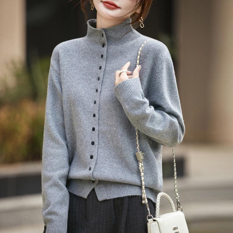 Women's Gray Loose Knit High Neck Long Sleeve Cardigan for Autumn/Winter 2025