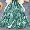 Women's Lapel Collar Vintage Midi Shirt Dress Summer Runway Pleated Short Sleeve Retro Jungle Print Belt Ladies Midi Dresses
