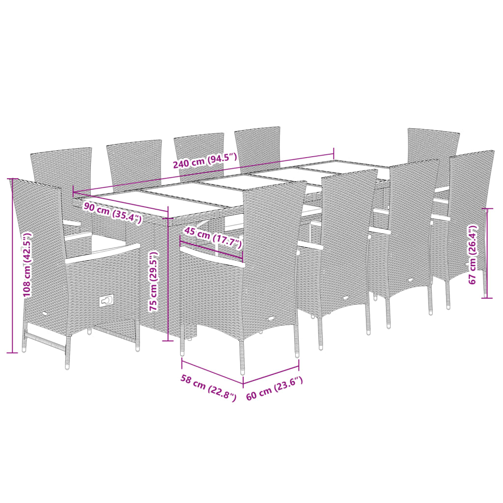 Vidaxl 11-Cz. Garden Furniture Set, With Cushions, Grey PE Rattan