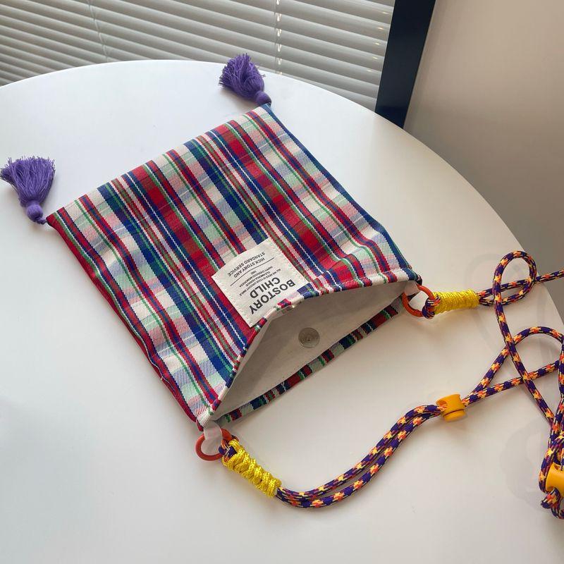 

2025 Spring New Arrival Retro Artsy Colored Plaid Special-Interest Design Mobile Phone Bag Mini Messenger Bag Tassel Bag
