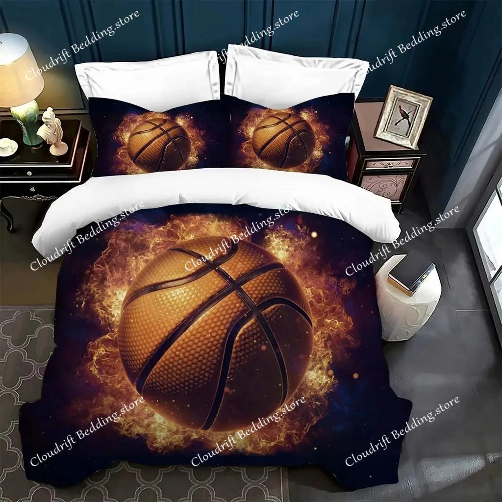 3D Print Basketball Duvet Cover King for Teen Boys Kids Fire Water Sports Bedding Set Microfiber Ball Game Quilt Cover
