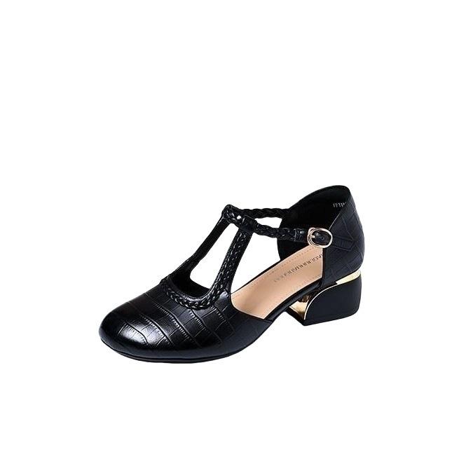 French Bag Head Sandals Women's 2025 New Summer Round Head Woven Stone Pattern Thick Heel Single Shoes Retro Low Heel Leather Shoes