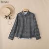ZANZEA Women Casual Turn Down Collar Long Sleeve Plaid Print Loose Blouse