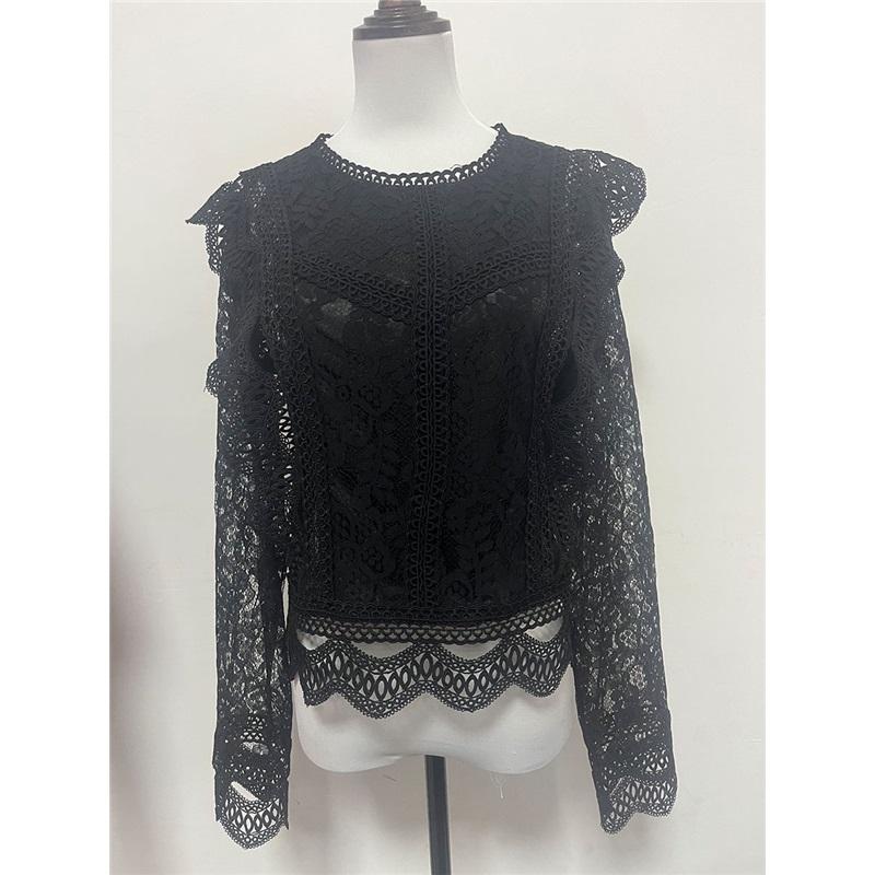 Solid Color Bottoming Sexy Hollow Lace Long-sleeved Women's Lace Shirt Jacket Top
