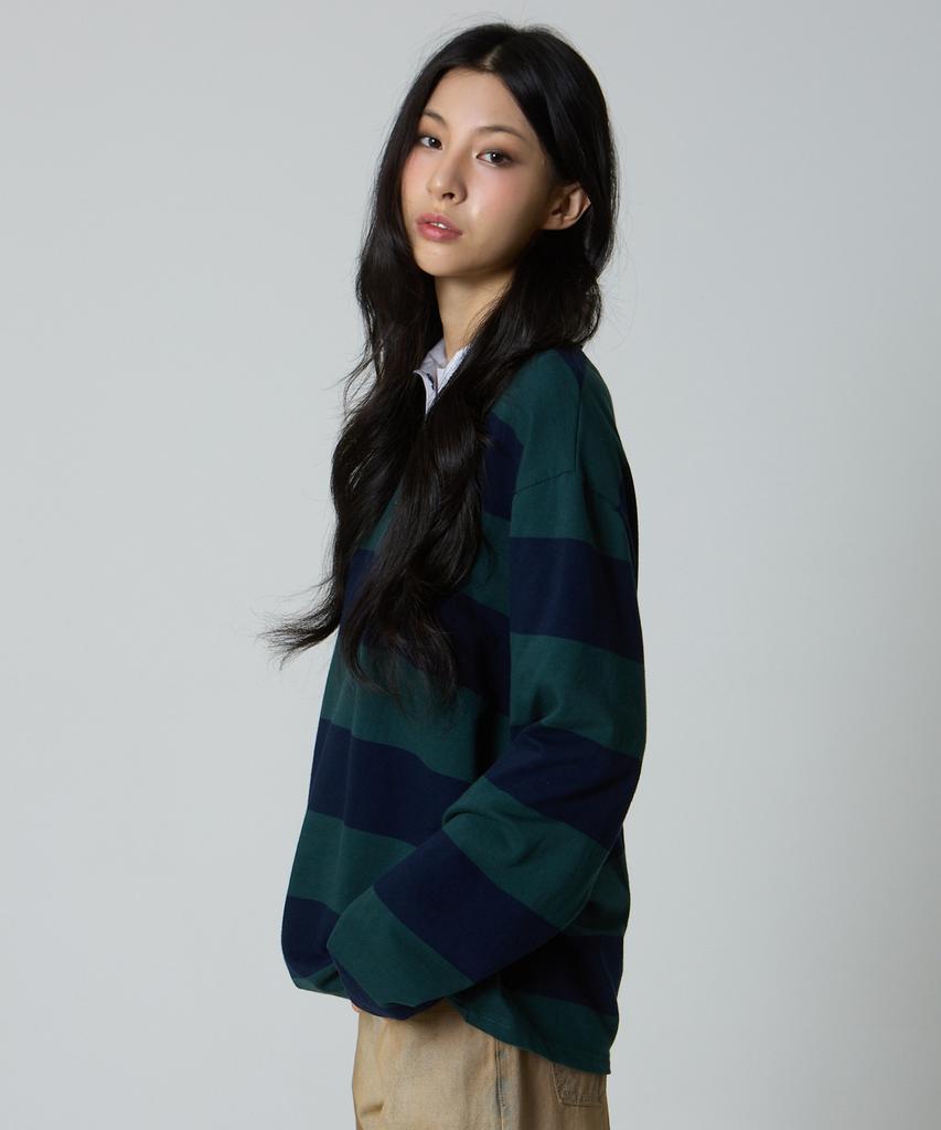 UNKNOWN PLANET Striped Rugby Collar Shirt Green