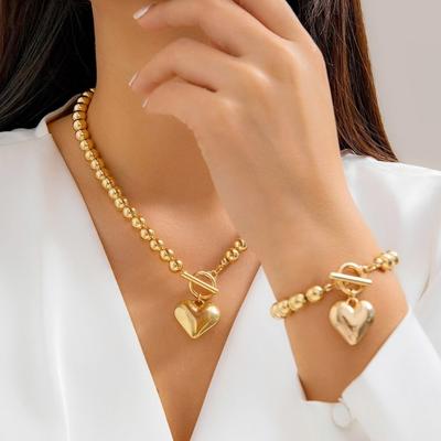 Heart Pendant Bracelet Necklace for Women Wedding Party Jewelry Set Ball Bead Chain Accessories Statement Accessory