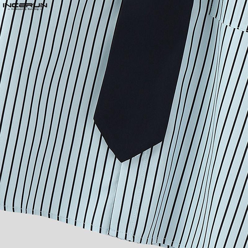 INCERUN Oversized College Style Men Turn-down Collar Tie Long Sleeve Striped Casual Shirts