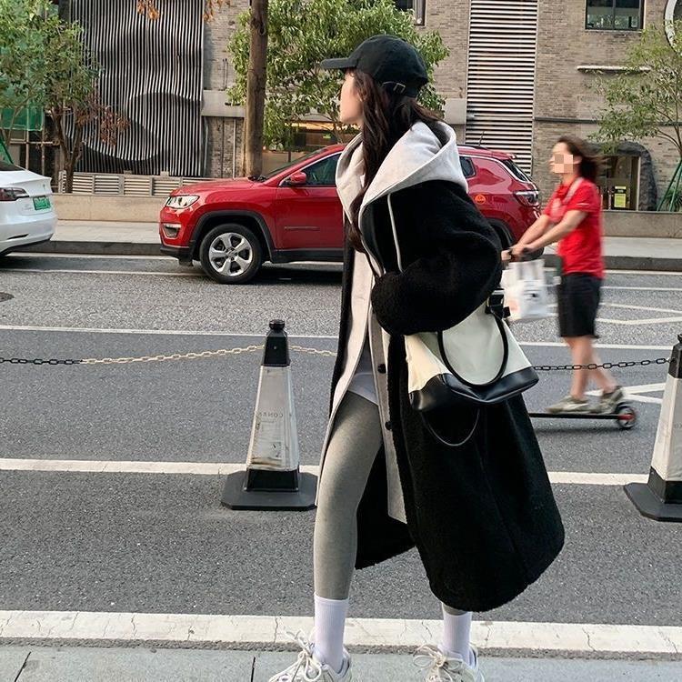 Women Hooded Coat Fake Two Pieces Spring Korean Long Sleeves Lamb Causal Midi Jacket Women Single Breasted Outwears