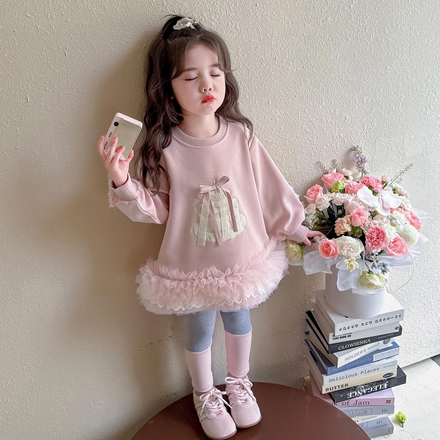 

2025 Новый Стиль Комплект Пышного Платья-Свитшота для Девочек: Повседневный весенне-осенний костюм-двойка для маленьких девочек 140 cm розовый