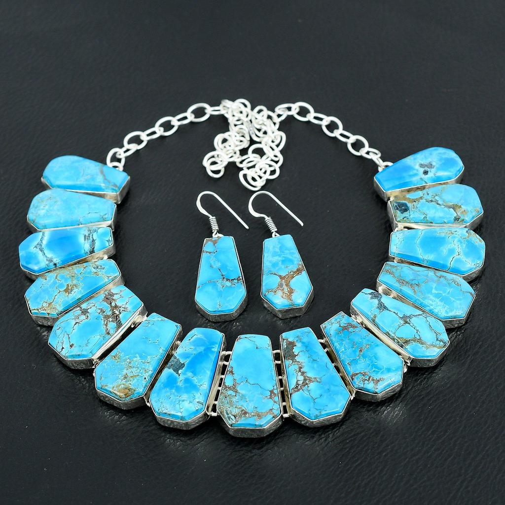 Bohemian Blue Turquoise Statement Necklace and Earrings Set Handmade Silver Plated Jewelry Set for Women Ethnic Tribal Style Jewelry