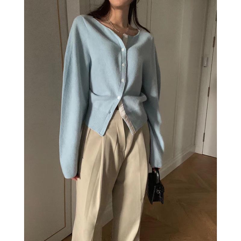 Women's Baby Blue Patchwork Single-Breasted Knitted Cardigan – Korean Style, Autumn Casualwear