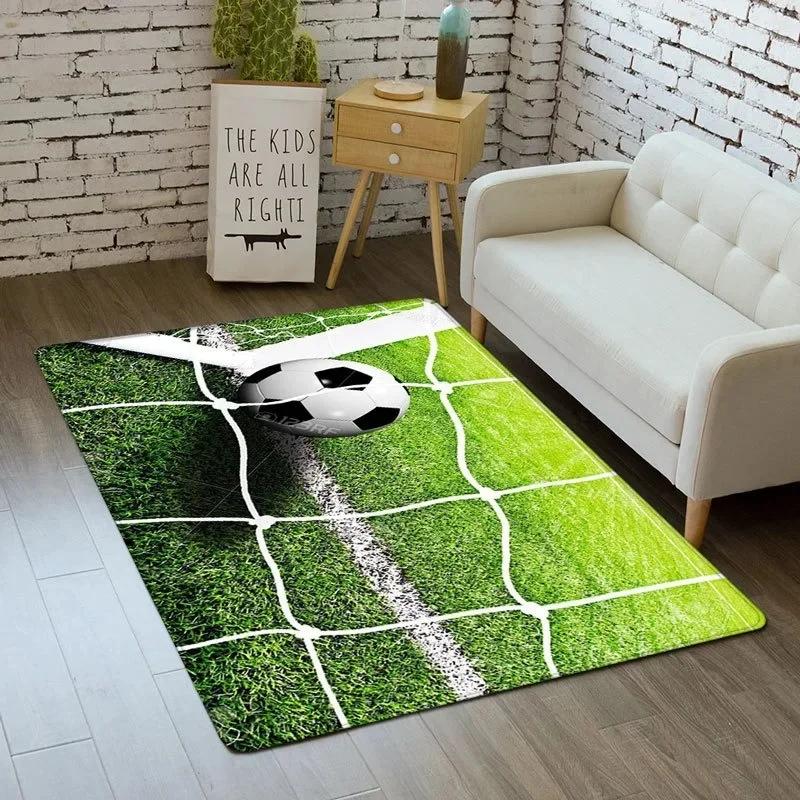 Sporty Football Pitch Floor Mat Non-Slip Washable Carpet for Living Room or Boy's Bedroom Vibrant Rug for Sofa Area Decor