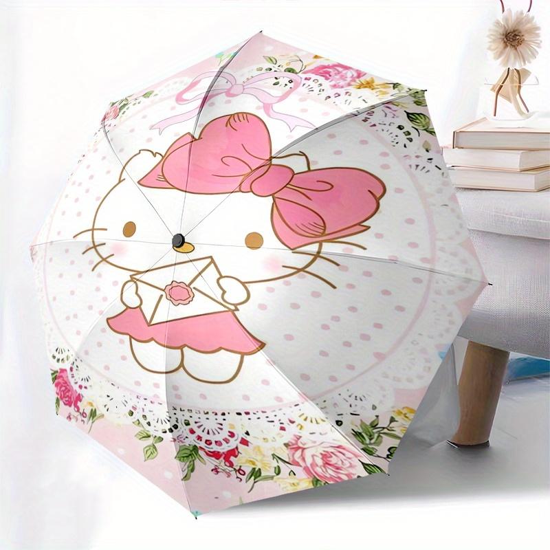 Hello Kitty,Floral Automatic Folding Umbrella-Simple 8-Rib Design, Bright Cartoon Pattern, Durable Iron Frame, Suitable For Travel, Outdoor,
